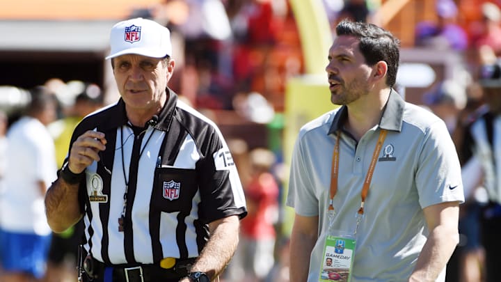 Jan 31, 2016; Honolulu, HI, USA; NFL vice president of officiating Dean Blandino (left) and referee Pete Morelli talk during the 2016 Pro Bowl at Aloha Stadium. Mandatory Credit: Kirby Lee-Imagn Images