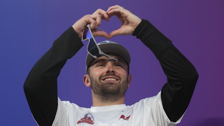NFC quarterback Baker Mayfield (6) of the Tampa Bay Buccaneers reacts after the 2024 Pro Bowl.