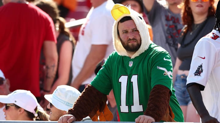 Sep 29, 2024; Tampa, Florida, USA; a Philadelphia Eagles fan looks on during a game against the Tampa Bay Buccaneers in the fourth quarter at Raymond James Stadium.