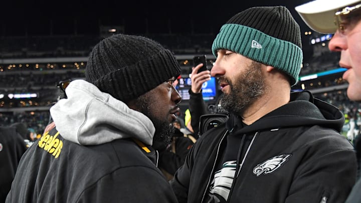 Dec 15, 2024; Philadelphia, Pennsylvania, USA; Pittsburgh Steelers head coach Mike Tomlin and Philadelphia Eagles head coach Nick Sirianni meet on the field after game at Lincoln Financial Field. Mandatory Credit: Eric Hartline-Imagn Images Dec 15, 2024; Philadelphia, Pennsylvania, USA; Pittsburgh Steelers head coach Mike Tomlin and Philadelphia Eagles head coach Nick Sirianni meet on the field after game at Lincoln Financial Field. Mandatory Credit: Eric Hartline-Imagn Images