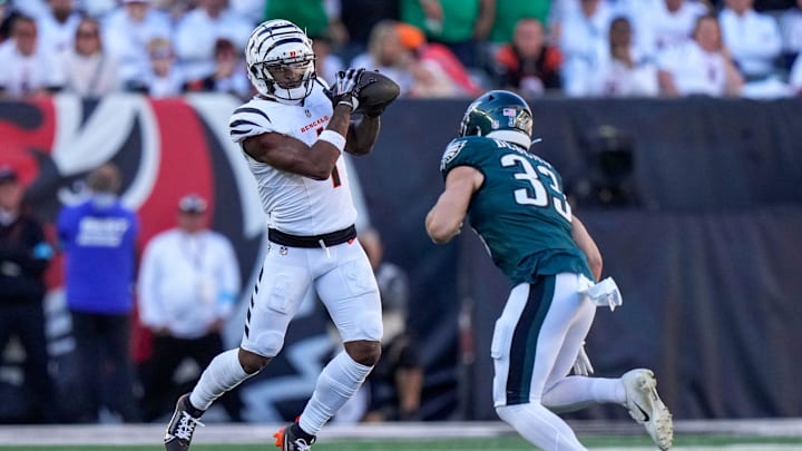 Cincinnati Bengals wide receiver Ja'Marr Chase (1) catches a pass on fourth and short but is brought down short of a first down in the third quarter of the NFL Week 8 game between the Cincinnati Bengals and the Philadelphia Eagles at Paycor Stadium in downtown Cincinnati on Sunday, Oct. 27, 2024. The Bengals fell to 3-5 on the season with a 37-17 loss to the Eagles at home.