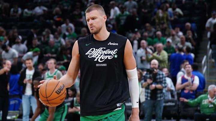 May 7, 2025; Boston, Massachusetts, USA; Boston Celtics center Kristaps Porzingis (8) warms up before the start of game two of the second round for the 2025 NBA Playoffs against the New York Knicks at TD Garden. Mandatory Credit: David Butler II-Imagn Images May 7, 2025; Boston, Massachusetts, USA; Boston Celtics center Kristaps Porzingis (8) warms up before the start of game two of the second round for the 2025 NBA Playoffs against the New York Knicks at TD Garden. Mandatory Credit: David Butler II-Imagn Images