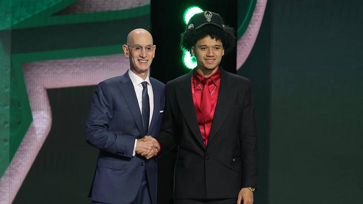 Jun 23, 2026; New York, NY, USA; NBA commissioner Adam Silver greets the tenth pick in the 2026 NBA draft, Arizona guard Brayden Burries after he was selected by the Milwaukee Bucks at Barclays Center. Mandatory Credit: Brad Penner-Imagn Images Jun 23, 2026; New York, NY, USA; NBA commissioner Adam Silver greets the tenth pick in the 2026 NBA draft, Arizona guard Brayden Burries after he was selected by the Milwaukee Bucks at Barclays Center. Mandatory Credit: Brad Penner-Imagn Images