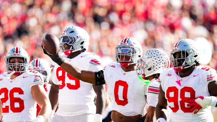 Ohio State Buckeyes linebacker Sonny Styles (0) celebrates after intercepting a pass in the first half at Camp Randall Stadium on Saturday, Oct. 18, 2025 in Madison, Wisconsin.