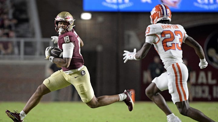 Oct 5, 2024; Tallahassee, Florida, USA; Florida State Seminoles tight end Landen Thomas (18) runs the ball against the Clemson Tigers during the second half at Doak S. Campbell Stadium. Mandatory Credit: Melina Myers-Imagn Images