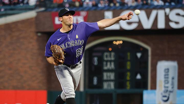 Sep 8, 2023; San Francisco, California, USA; Colorado Rockies starting pitcher Ty Blach (50) pitches the ball against the San Francisco Giants during the first inning at Oracle Park. Mandatory Credit: Kelley L Cox-Imagn Images