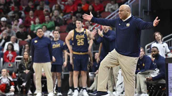 Feb 21, 2024; Louisville, Kentucky, USA; Notre Dame Fighting Irish head coach Micah Shrewsberry reacts vs. Louisville. 
