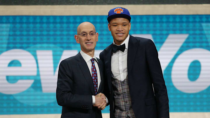 Jun 21, 2018; Brooklyn, NY, USA; Kevin Knox (Kentucky) greets NBA commissioner Adam Silver after being selected as the number nine overall pick to the New York Knicks in the first round of the 2018 NBA Draft at the Barclays Center. Mandatory Credit: Brad Penner-Imagn Images
