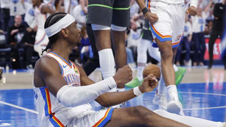 May 20, 2025; Oklahoma City, Oklahoma, USA; Oklahoma City Thunder guard Shai Gilgeous-Alexander (2) reacts after a play against the Minnesota Timberwolves in the fourth quarter during game one of the western conference finals for the 2025 NBA Playoffs at Paycom Center. Mandatory Credit: Alonzo Adams-Imagn Images May 20, 2025; Oklahoma City, Oklahoma, USA; Oklahoma City Thunder guard Shai Gilgeous-Alexander (2) reacts after a play against the Minnesota Timberwolves in the fourth quarter during game one of the western conference finals for the 2025 NBA Playoffs at Paycom Center. Mandatory Credit: Alonzo Adams-Imagn Images