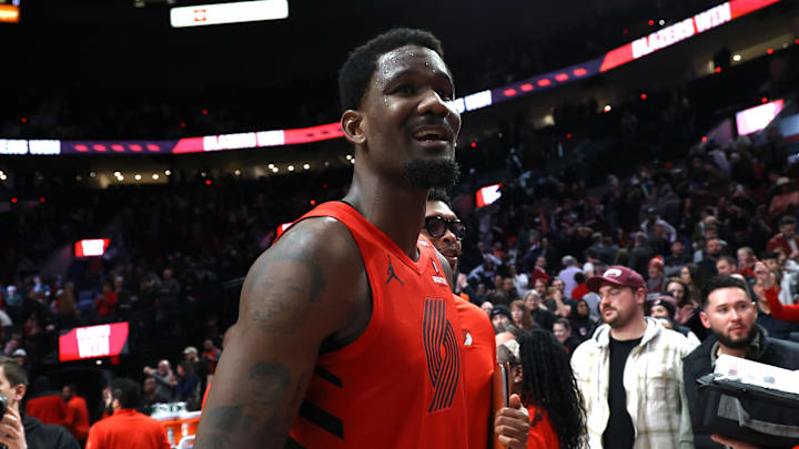 Feb 3, 2025; Portland, Oregon, USA;  Portland Trail Blazers center Deandre Ayton (2) reacts after helping secure a 121-119 overtime win against the Phoenix Suns at Moda Center. Mandatory Credit: Jaime Valdez-Imagn Images