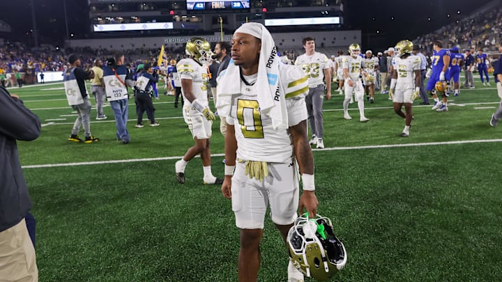 Nov 22, 2025; Atlanta, Georgia, USA; Georgia Tech Yellow Jackets running back Malachi Hosley (0) walks off the field after a loss to the Pittsburgh Panthers at Bobby Dodd Stadium at Hyundai Field. Mandatory Credit: Brett Davis-Imagn Images