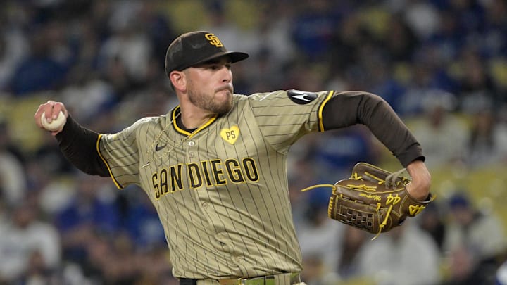 Sep 26, 2024; Los Angeles, California, USA;  San Diego Padres starting pitcher Joe Musgrove (44) delivers to the plate in the first inning against the Los Angeles Dodgers at Dodger Stadium. Mandatory Credit: Jayne Kamin-Oncea-Imagn Images