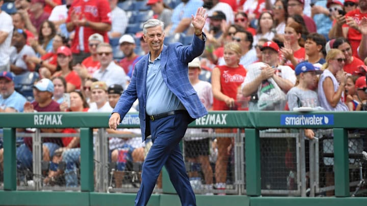 Aug 18, 2024; Philadelphia, Pennsylvania, USA; Former Philadelphia Phillies president Dave Dombrowski during Phillies Alumni Weekend and the 20th anniversary of Citizens Bank Park before game against the Washington Nationals at Citizens Bank Park.