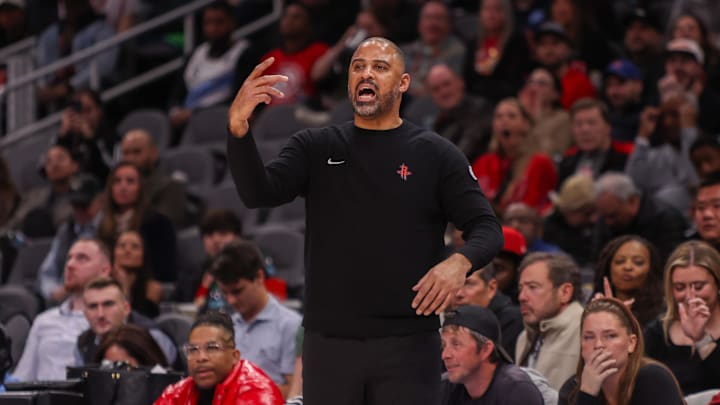 Jan 28, 2025; Atlanta, Georgia, USA; Houston Rockets head coach Ime Udoka calls a play against the Atlanta Hawks in the fourth quarter at State Farm Arena. Mandatory Credit: Brett Davis-Imagn Images