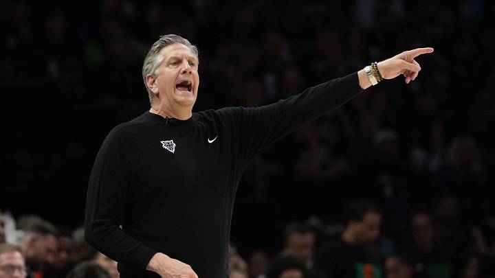 May 8, 2026; Minneapolis, Minnesota, USA; Minnesota Timberwolves head coach Chris Finch in the second half  against the San Antonio Spurs during game three of the second round of the 2026 NBA Playoffs at Target Center. Mandatory Credit: Jesse Johnson-Imagn Images
