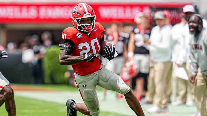Apr 18, 2026; Athens, GA, USA; Georgia Bulldogs running back Dwight Phillips Jr. (20) runs with the ball during the Georgia Spring football game at Sanford Stadium. Mandatory Credit: Dale Zanine-Imagn Images