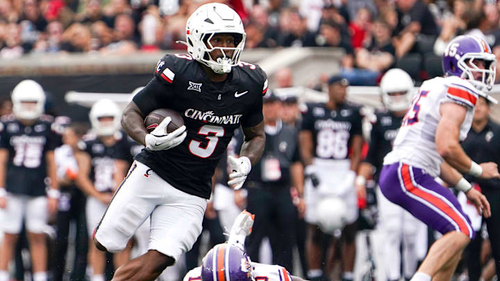 Cincinnati Bearcats running back Tawee Walker (3) runs the ball in the second quarter of a NCAA men’s college football game between the Cincinnati Bearcats and Northwestern State Demons, Saturday, Sept. 13, 2025, at Nippert Stadium in Cincinnati.