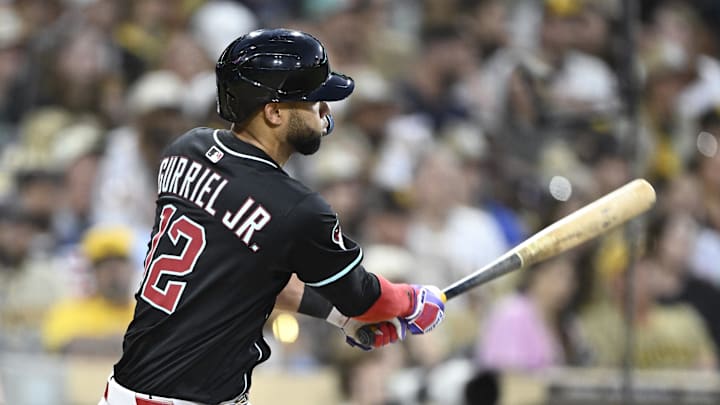 Arizona Diamondbacks left fielder Lourdes Gurriel Jr. (12) hits a double during the sixth inning against the San Diego Padres at Petco Park. 