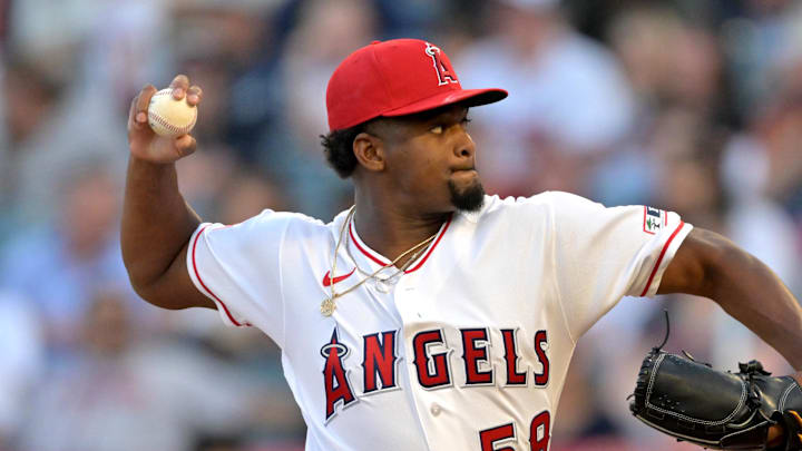 Apr 6, 2026; Anaheim, California, USA;  Los Angeles Angels pitcher Jose Soriano (59) delivers to the plate in the first inning against the Atlanta Braves at Angel Stadium. Mandatory Credit: Jayne Kamin-Oncea-Imagn Images