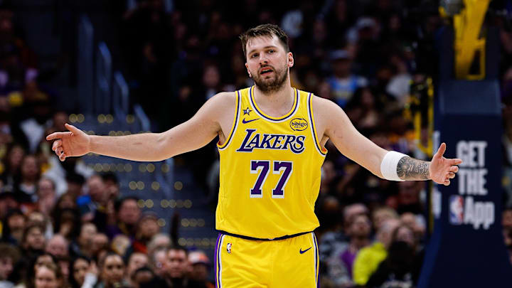 Jan 20, 2026; Denver, Colorado, USA; Los Angeles Lakers guard Luka Doncic (77) reacts after a play in the third quarter against the Denver Nuggets at Ball Arena. Mandatory Credit: Isaiah J. Downing-Imagn Images Jan 20, 2026; Denver, Colorado, USA; Los Angeles Lakers guard Luka Doncic (77) reacts after a play in the third quarter against the Denver Nuggets at Ball Arena. Mandatory Credit: Isaiah J. Downing-Imagn Images