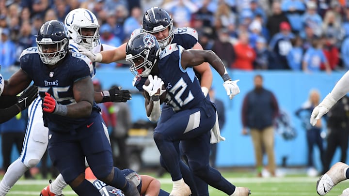Dec 3, 2023; Nashville, Tennessee, USA; Tennessee Titans running back Tyjae Spears (32) runs for a