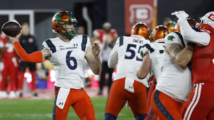 Feb 19, 2023; Washington, DC, USA; Seattle Sea Dragons quarterback Ben DiNucci (6) passes the ball