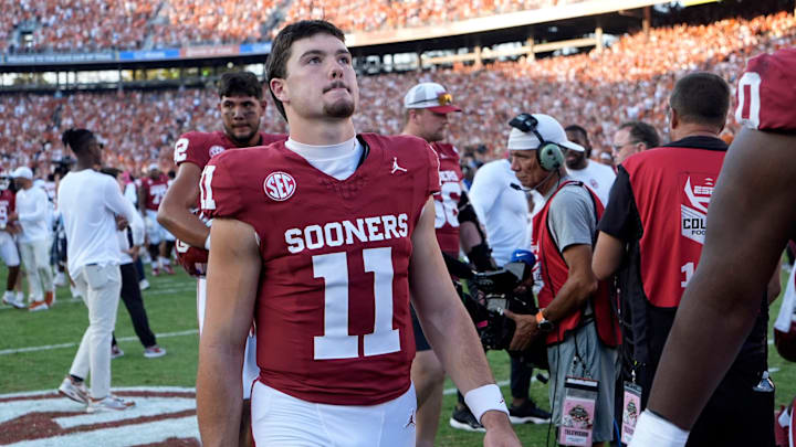 Oklahoma Sooners quarterback Jackson Arnold (11) walks of the field following the Red River Rivalry college football game between the University of Oklahoma Sooners and the Texas Longhorn at the Cotton Bowl Stadium in Dallas, Texas, Saturday, Oct., 12, 2024.