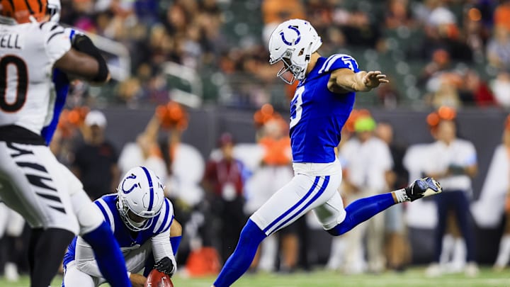 Aug 22, 2024; Cincinnati, Ohio, USA; Indianapolis Colts kicker Spencer Shrader (3) kicks a field goal against the Cincinnati Bengals in the second half at Paycor Stadium. Mandatory Credit: Katie Stratman-Imagn Images