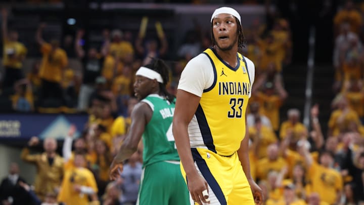 May 25, 2024; Indianapolis, Indiana, USA; Indiana Pacers center Myles Turner (33) reacts during the second quarter of game three of the eastern conference finals against the Boston Celtics in the 2024 NBA playoffs at Gainbridge Fieldhouse. Mandatory Credit: Trevor Ruszkowski-Imagn Images