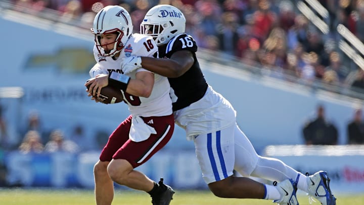 Dec 23, 2023; Birmingham, AL, USA; Duke Blue Devils defensive linemen Aeneas Peebles (16) sacks Troy