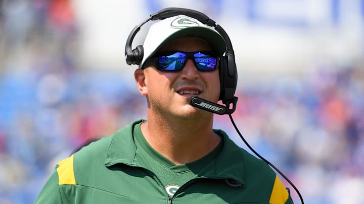Aug 28, 2021; Orchard Park, New York, USA; Green Bay Packers offensive line coach Adam Stenavich prior to the game against the Buffalo Bills at Highmark Stadium.