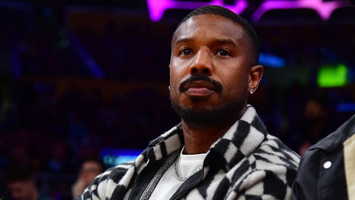 Apr 11, 2023; Los Angeles, California, USA; Film actor Michael B. Jordan in attendance as the Los Angeles Lakers play against the Minnesota Timberwolves during the first half at Crypto.com Arena. Mandatory Credit: Gary A. Vasquez-Imagn Images