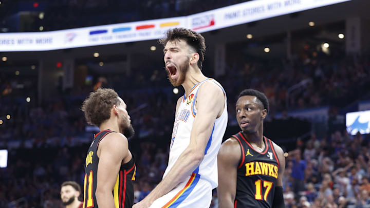 Oct 27, 2024; Oklahoma City, Oklahoma, USA; Oklahoma City Thunder forward Chet Holmgren (7) celebrates after dunking against the Atlanta Hawks during the second half at Paycom Center. Mandatory Credit: Alonzo Adams-Imagn Images
