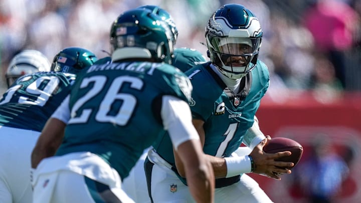Philadelphia Eagles quarterback Jalen Hurts and running back Saquon Barkley are the top-ranked fantasy players at their positions over the remainder of the season.