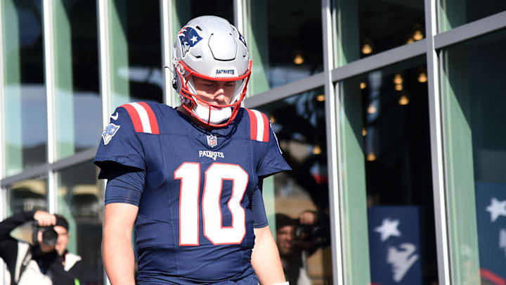 Nov 5, 2023; Foxborough, Massachusetts, USA; New England Patriots quarterback Mac Jones (10) walks