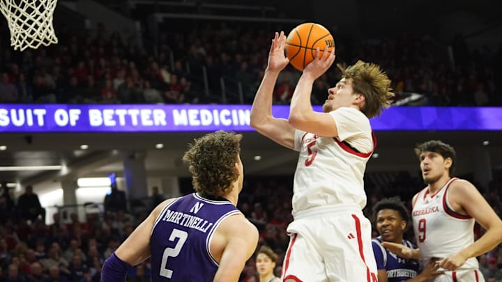 Nebraska forward Braden Frager (5) shoots against Northwestern at Welsh-Ryan Arena. Frager suffered an ankle injury Wednesday vs. Washington.