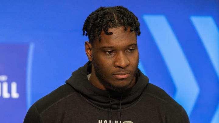 Feb 28, 2024; Indianapolis, IN, USA; Alabama linebacker Chris Braswell (LB04) talks to the media at the 2024 NFL Combine at Indiana Convention Center. Mandatory Credit: Trevor Ruszkowski-USA TODAY Sports Feb 28, 2024; Indianapolis, IN, USA; Alabama linebacker Chris Braswell (LB04) talks to the media at the 2024 NFL Combine at Indiana Convention Center. Mandatory Credit: Trevor Ruszkowski-USA TODAY Sports
