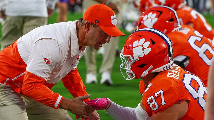 Oct 3, 2026; Clemson, South Carolina, USA; Clemson Tigers head coach Dabo Swinney talks with tight end Christian Bentancur (87) before the game against the Miami Hurricanes at Memorial Stadium. Mandatory Credit: Ashley Tumlin-Imagn Images Oct 3, 2026; Clemson, South Carolina, USA; Clemson Tigers head coach Dabo Swinney talks with tight end Christian Bentancur (87) before the game against the Miami Hurricanes at Memorial Stadium. Mandatory Credit: Ashley Tumlin-Imagn Images