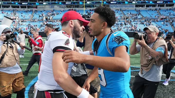 Carolina Panthers quarterback Bryce Young (9) greets Tampa Bay Buccaneers quarterback Baker Mayfield Carolina Panthers quarterback Bryce Young (9) greets Tampa Bay Buccaneers quarterback Baker Mayfield