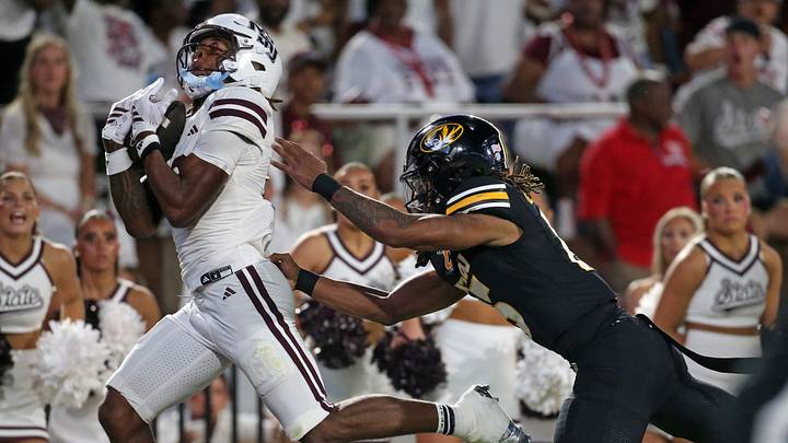 Sep 26, 2026; Starkville, Mississippi, USA; Mississippi State Bulldogs wide receiver Sanfrisco Magee (13) catches the ball for a touchdown over Missouri Tigers safety Santana Banner (15) during the first quarter at Davis Wade Stadium at Scott Field. Mandatory Credit: Petre Thomas-Imagn Images Sep 26, 2026; Starkville, Mississippi, USA; Mississippi State Bulldogs wide receiver Sanfrisco Magee (13) catches the ball for a touchdown over Missouri Tigers safety Santana Banner (15) during the first quarter at Davis Wade Stadium at Scott Field. Mandatory Credit: Petre Thomas-Imagn Images
