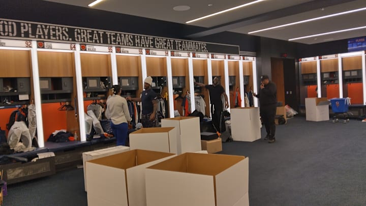 Bears Darrell Taylor and Jake Martin clean out their lockers at Halas Hall after the season ends. Bears Darrell Taylor and Jake Martin clean out their lockers at Halas Hall after the season ends.