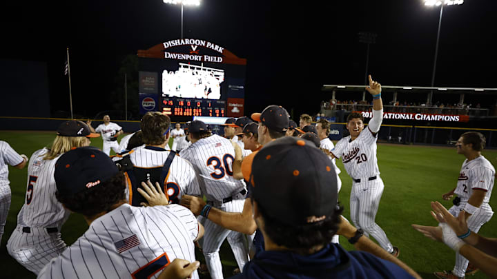 Virginia celebrates a walk-off win over Mississippi State in the Charlottesville Regional of the 2024 NCAA Baseball Tournament. Virginia celebrates a walk-off win over Mississippi State in the Charlottesville Regional of the 2024 NCAA Baseball Tournament.