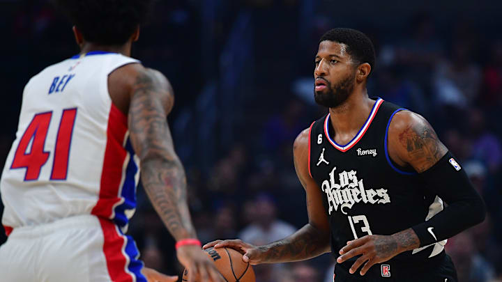 Nov 17, 2022; Los Angeles, California, USA; Los Angeles Clippers guard Paul George (13) moves the ball up court against Detroit Pistons forward Saddiq Bey (41) during the first half at Crypto.com Arena. Mandatory Credit: Gary A. Vasquez-USA TODAY Sports Nov 17, 2022; Los Angeles, California, USA; Los Angeles Clippers guard Paul George (13) moves the ball up court against Detroit Pistons forward Saddiq Bey (41) during the first half at Crypto.com Arena. Mandatory Credit: Gary A. Vasquez-USA TODAY Sports