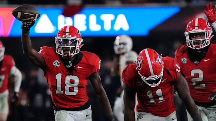 Georgia linebacker Chris Cole (18) celebrates after recovering fumble late during the second half of a NCAA college football game against Tennessee in Athens, Ga., on Saturday, Nov. 16, 2024.