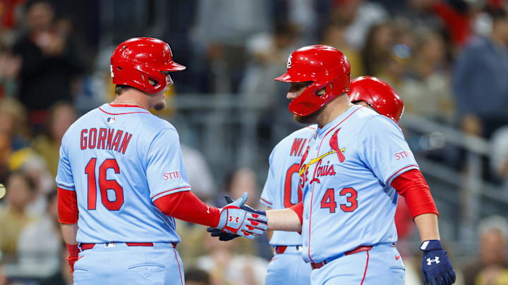 Aug 2, 2025; San Diego, California, USA; St. Louis Cardinals catcher Pedro Pages (43) celebrates with third baseman Nolan Gorman (16) after hitting a three-run home run during the fourth inning against the San Diego Padres at Petco Park. Mandatory Credit: David Frerker-Imagn Images Aug 2, 2025; San Diego, California, USA; St. Louis Cardinals catcher Pedro Pages (43) celebrates with third baseman Nolan Gorman (16) after hitting a three-run home run during the fourth inning against the San Diego Padres at Petco Park. Mandatory Credit: David Frerker-Imagn Images