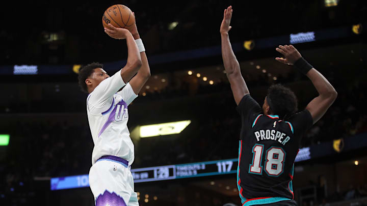 Feb 20, 2026; Memphis, Tennessee, USA; Utah Jazz guard Ace Bailey (19) shoots against Memphis Grizzlies forward Olivier-Maxence Prosper (18) during the fourth quarter at FedExForum. Mandatory Credit: Petre Thomas-Imagn Images Feb 20, 2026; Memphis, Tennessee, USA; Utah Jazz guard Ace Bailey (19) shoots against Memphis Grizzlies forward Olivier-Maxence Prosper (18) during the fourth quarter at FedExForum. Mandatory Credit: Petre Thomas-Imagn Images