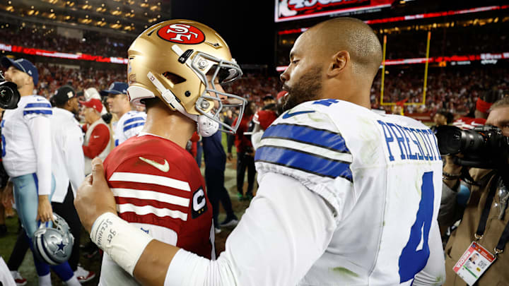 Dallas Cowboys quarterback Dak Prescott (R) and San Francisco 49ers quarterback Brock Purdy (L) Dallas Cowboys quarterback Dak Prescott (R) and San Francisco 49ers quarterback Brock Purdy (L)