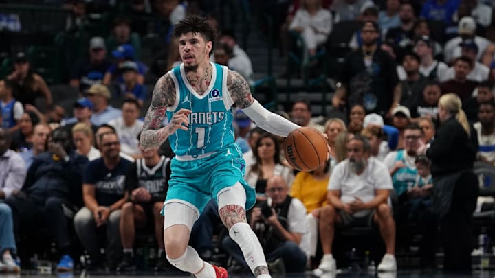 Oct 11, 2025; Dallas, Texas, USA; Charlotte Hornets guard Lamelo Ball (1) brings the ball up court against the Dallas Mavericks in the first half of a game at American Airlines Center. Mandatory Credit: Raymond Carlin III-Imagn Images Oct 11, 2025; Dallas, Texas, USA; Charlotte Hornets guard Lamelo Ball (1) brings the ball up court against the Dallas Mavericks in the first half of a game at American Airlines Center. Mandatory Credit: Raymond Carlin III-Imagn Images