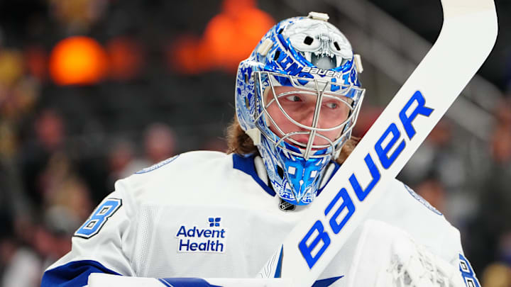 Nov 6, 2025; Las Vegas, Nevada, USA; Tampa Bay Lightning goaltender Andrei Vasilevskiy (88) warms up before a game against the Vegas Golden Knighs at T-Mobile Arena. Mandatory Credit: Stephen R. Sylvanie-Imagn Images