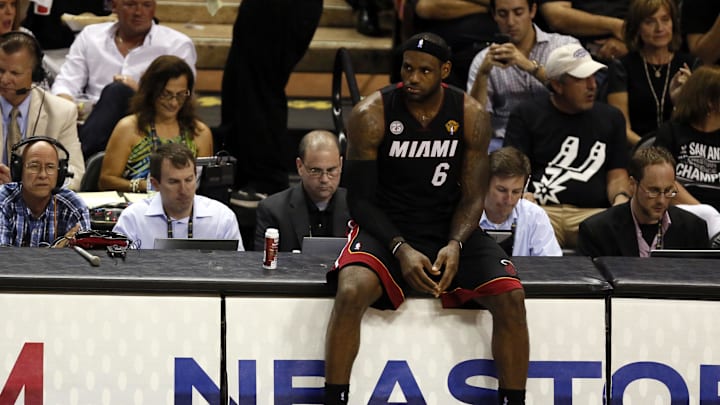 Jun 16, 2013; San Antonio, TX, USA; Miami Heat small forward LeBron James (6) reacts during the fourth quarter of game five in the 2013 NBA Finals against the San Antonio Spurs at the AT&T Center. Mandatory Credit: Soobum Im-Imagn Images